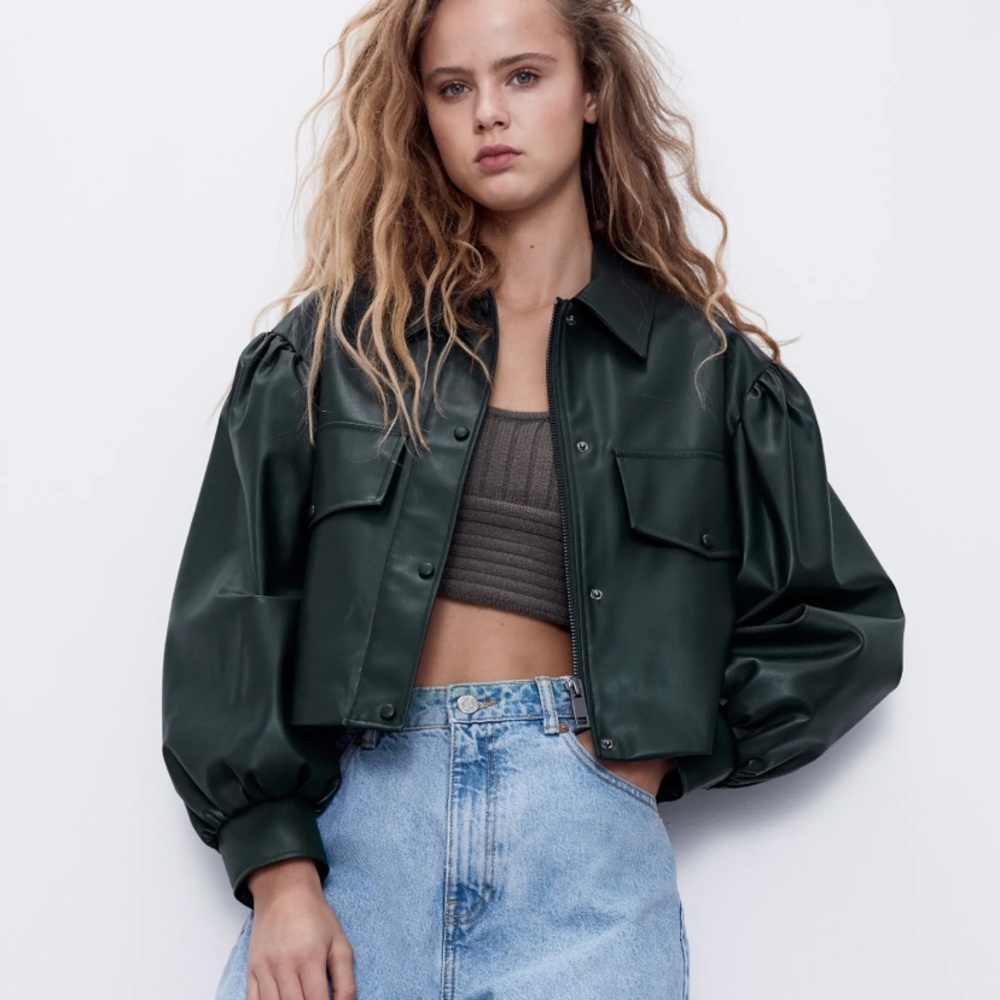 NWOT Zara Puff Sleeve Green Leather Jacket